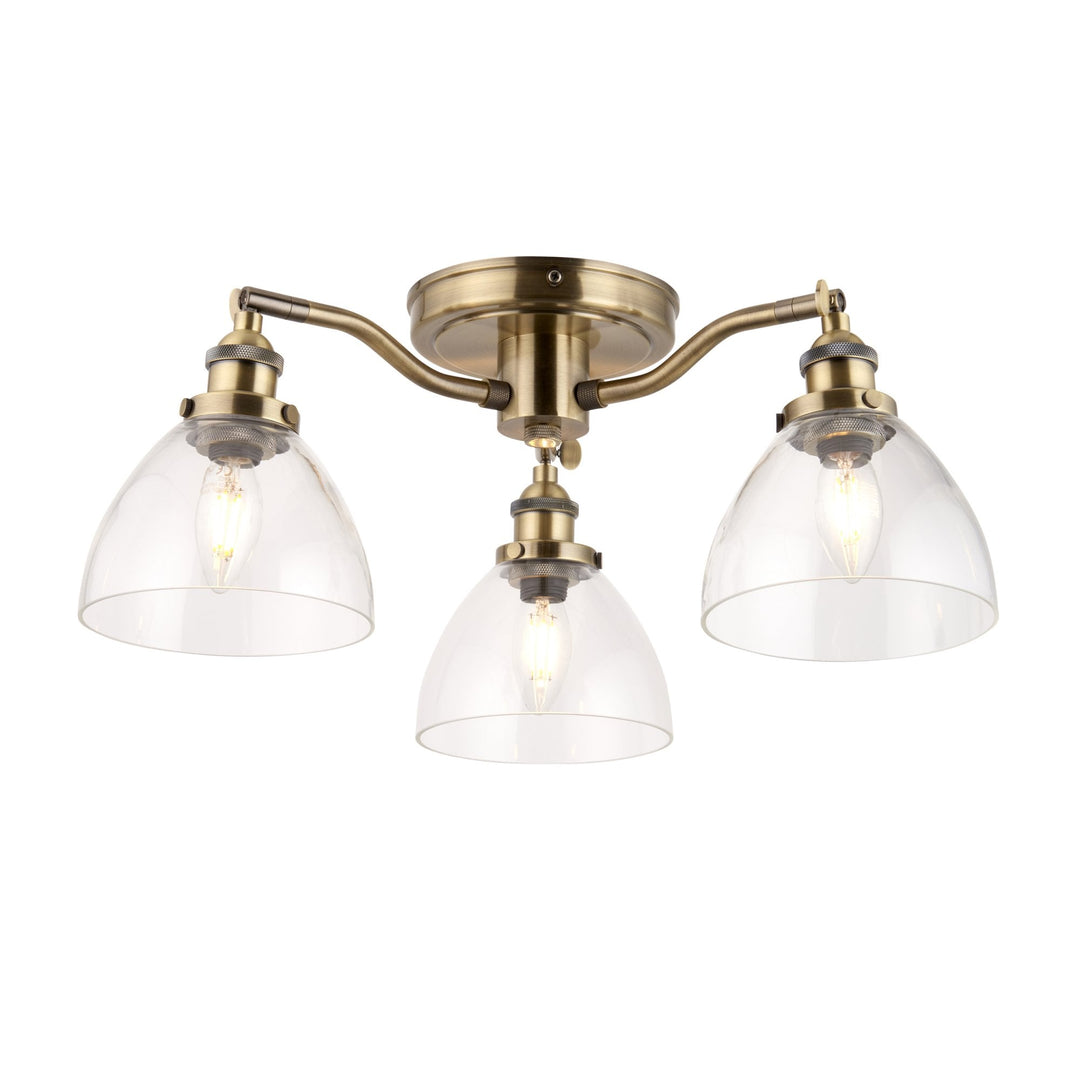 Endon 97247 Hansen 3 Light Semi Flush Ceiling Light Antique Brass Plate & Clear Glass