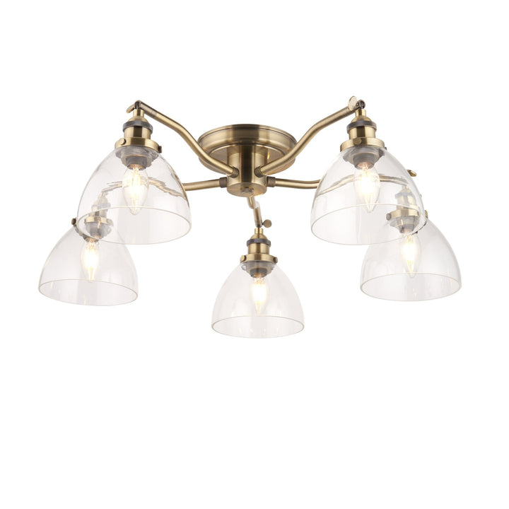 Endon 97248 Hansen 5 Light Semi Flush Ceiling Light Antique Brass Plate & Clear Glass