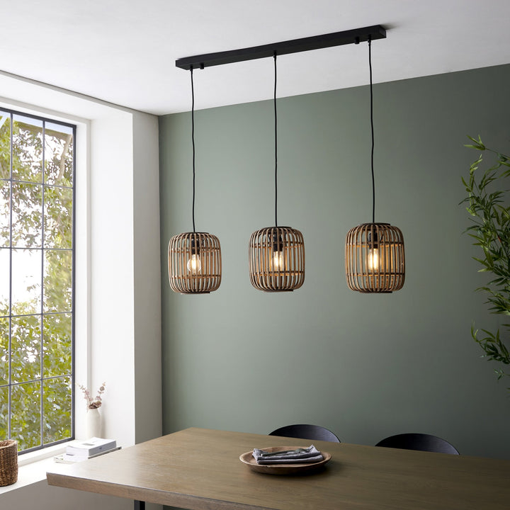 Endon 101775 Mathias 3 Light Pendant Natural Bamboo, Plywood & Matt Black Paint