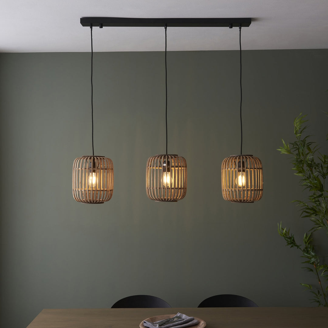 Endon 101775 Mathias 3 Light Pendant Natural Bamboo, Plywood & Matt Black Paint