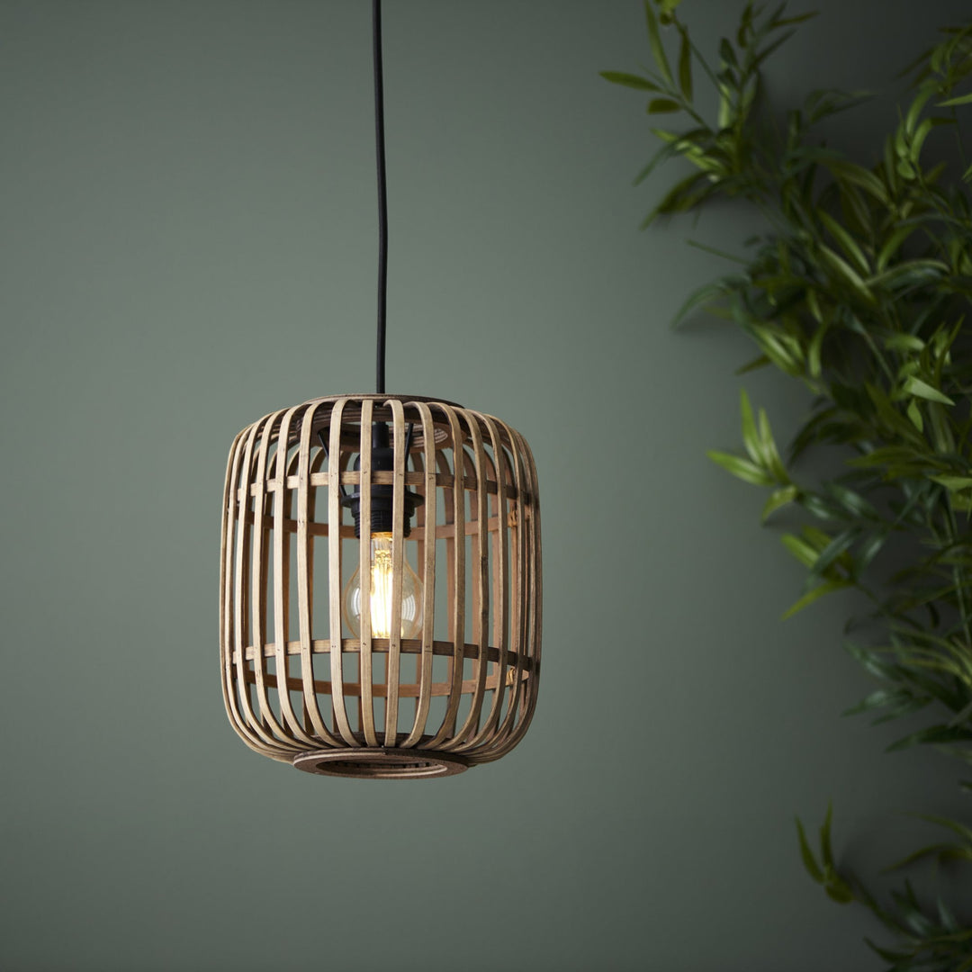 Endon 101777 Mathias 1 Light Pendant Natural Bamboo, Plywood & Matt Black Paint