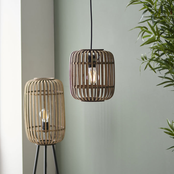 Endon 101777 Mathias 1 Light Pendant Natural Bamboo, Plywood & Matt Black Paint