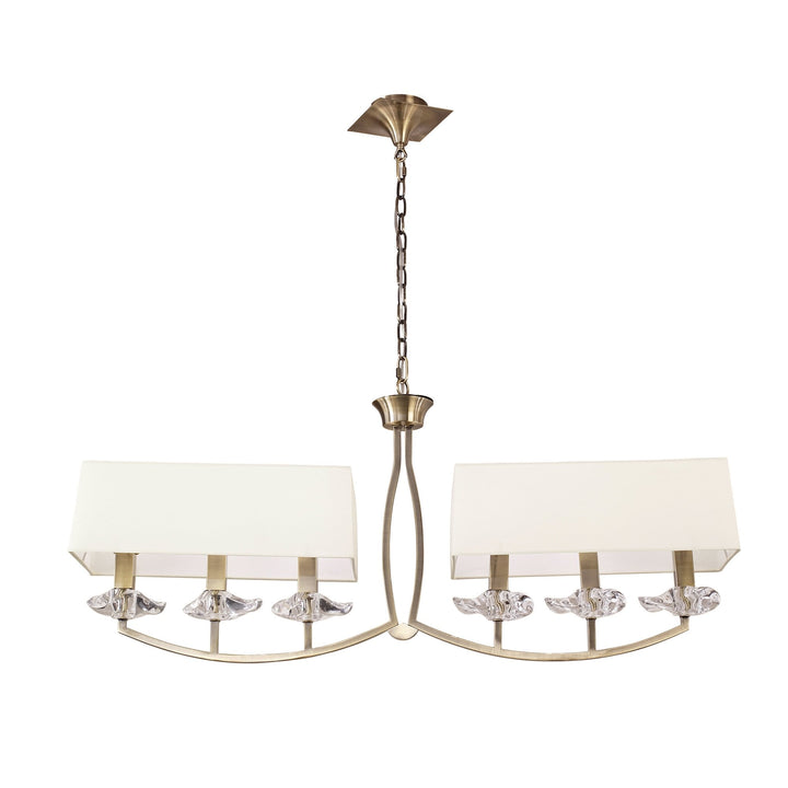 Mantra M0781AB Akira Linear Pendant 2 Arm 6 Light E14 Antique Brass Cream Shades