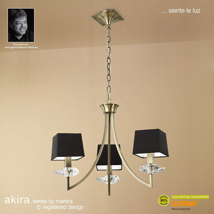 Mantra M0783AB/BS Akira Pendant 3 Light E14 Antique Brass Black Shades