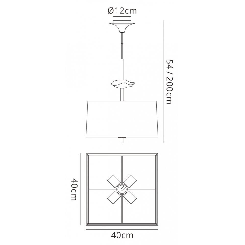 Mantra M0784AB/BS Akira Square Pendant 4 Light E27 Antique Brass/Frosted Glass Black Shade