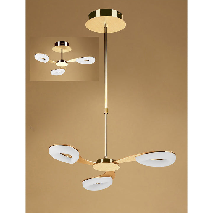 Mantra M8271/1 Juno Telescopic Convertible To Semi Flush 3 Light 15W LED Satin Gold/Frosted Acrylic/Gold