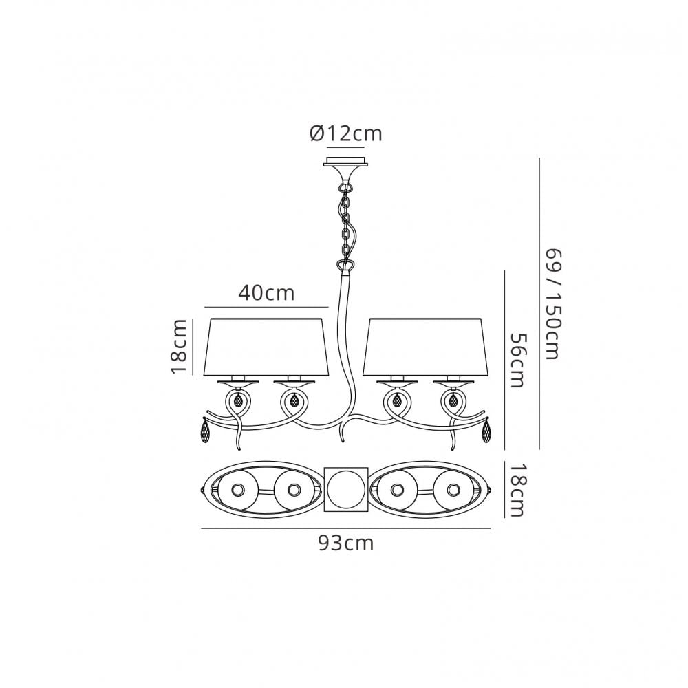 Mantra M5272 Louise Linear Pendant 2 Arm 4 Light E27 White Oval Shades Polished Chrome / Clear Crystal