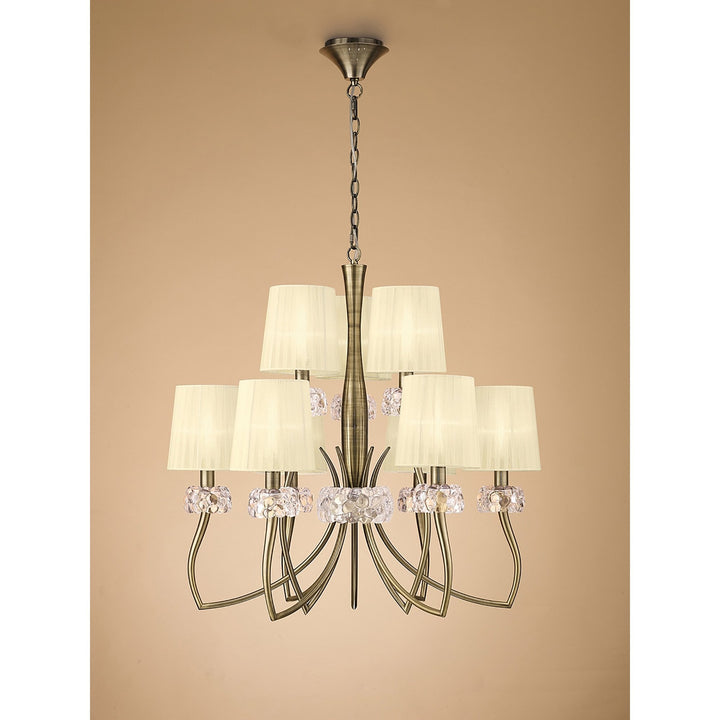 Mantra M4630AB Loewe 2 Tier Pendant 6+3 Light Antique Brass Cream Shades