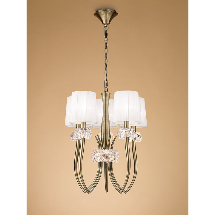 Mantra M4632AB Loewe Slim Pendant 5 Light Antique Brass White Shades