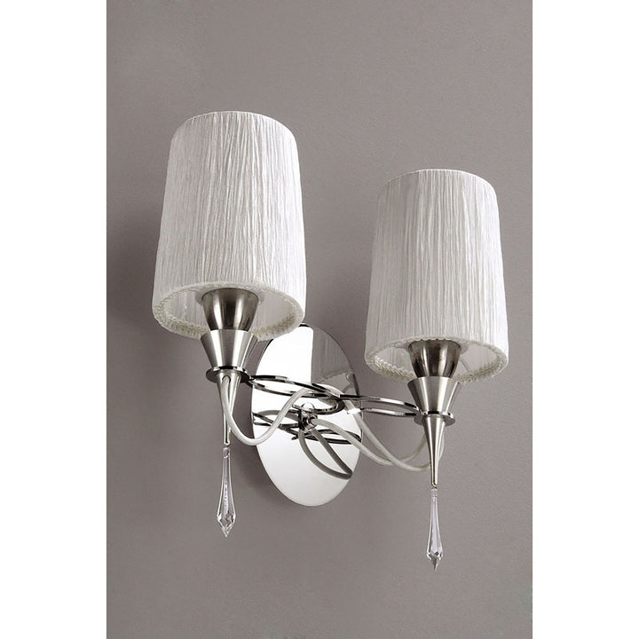 Mantra M1318/S Lucca Wall Lamp Switched 2 Light E27 Polished Chrome White Shades & Clear Crystal