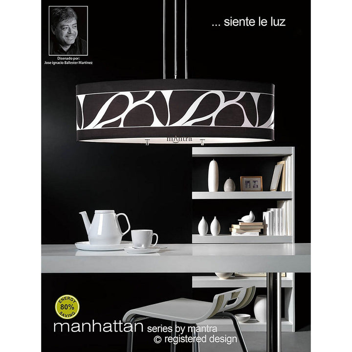 Mantra M8474/1 Manhattan Floor Lamp 3 Light Polished Chrome/Frosted Glass Black Patterned Shade