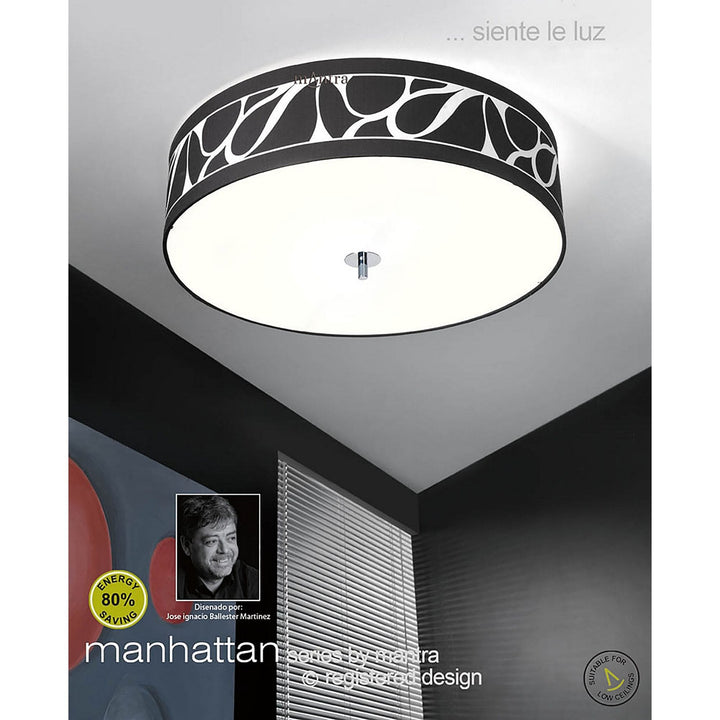 Mantra M8468/1 Manhattan Linear Pendant 2 Light Polished Chrome Frosted Glass Black Patterned Shade