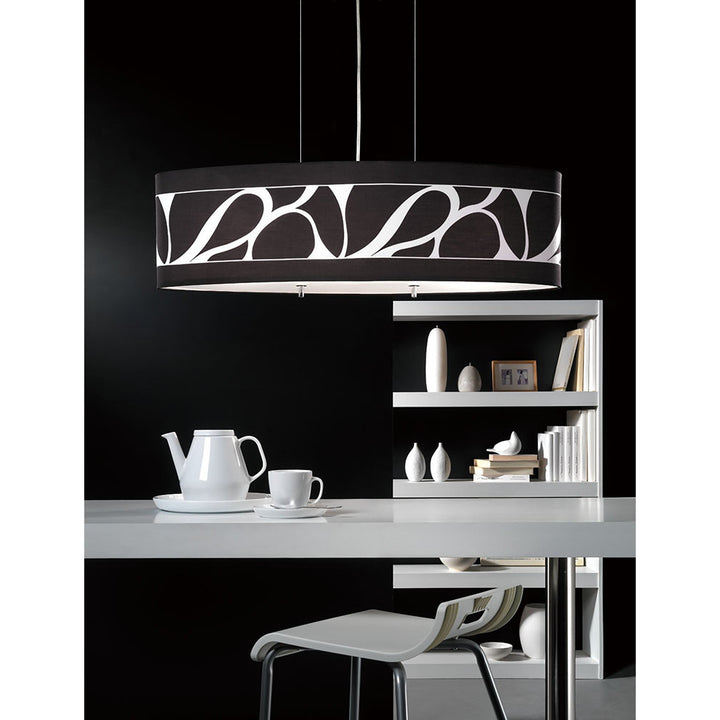 Mantra M8467/1 Manhattan Linear Pendant Large 3 Light Polished Chrome Frosted Glass Black Patterned Shade