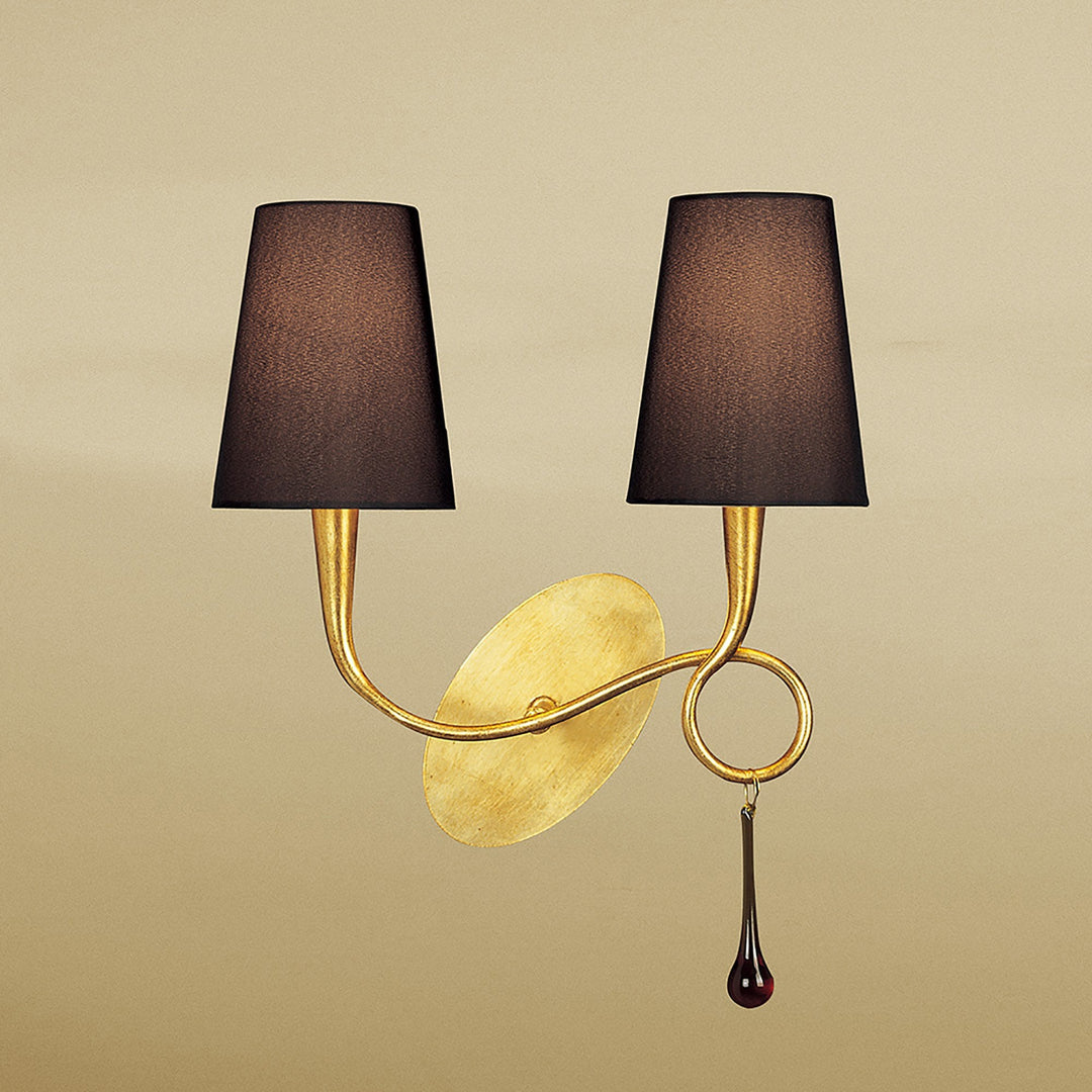 Mantra M0547/BS Paola Wall Lamp 2 Light E14 Gold Painted Black Shades & Amber Glass Droplets