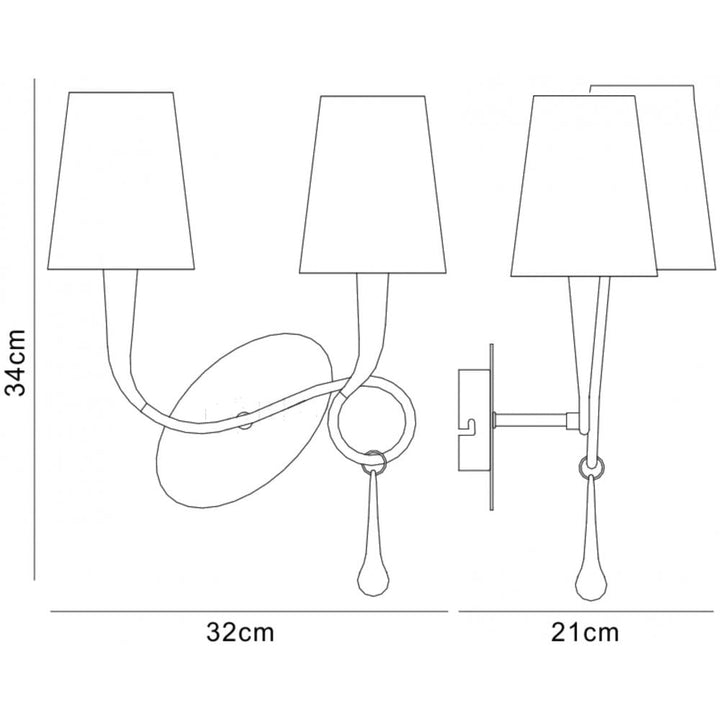 Mantra M0537/CS Paola Wall Lamp 2 Light E14 Silver Painted Cream Shades & Black Glass Droplets