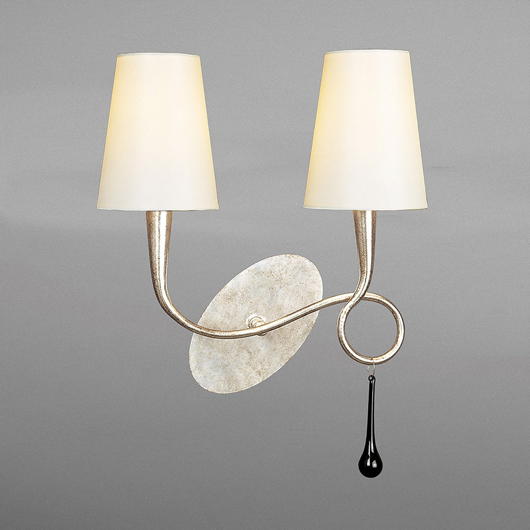 Mantra M0537/CS Paola Wall Lamp 2 Light E14 Silver Painted Cream Shades & Black Glass Droplets