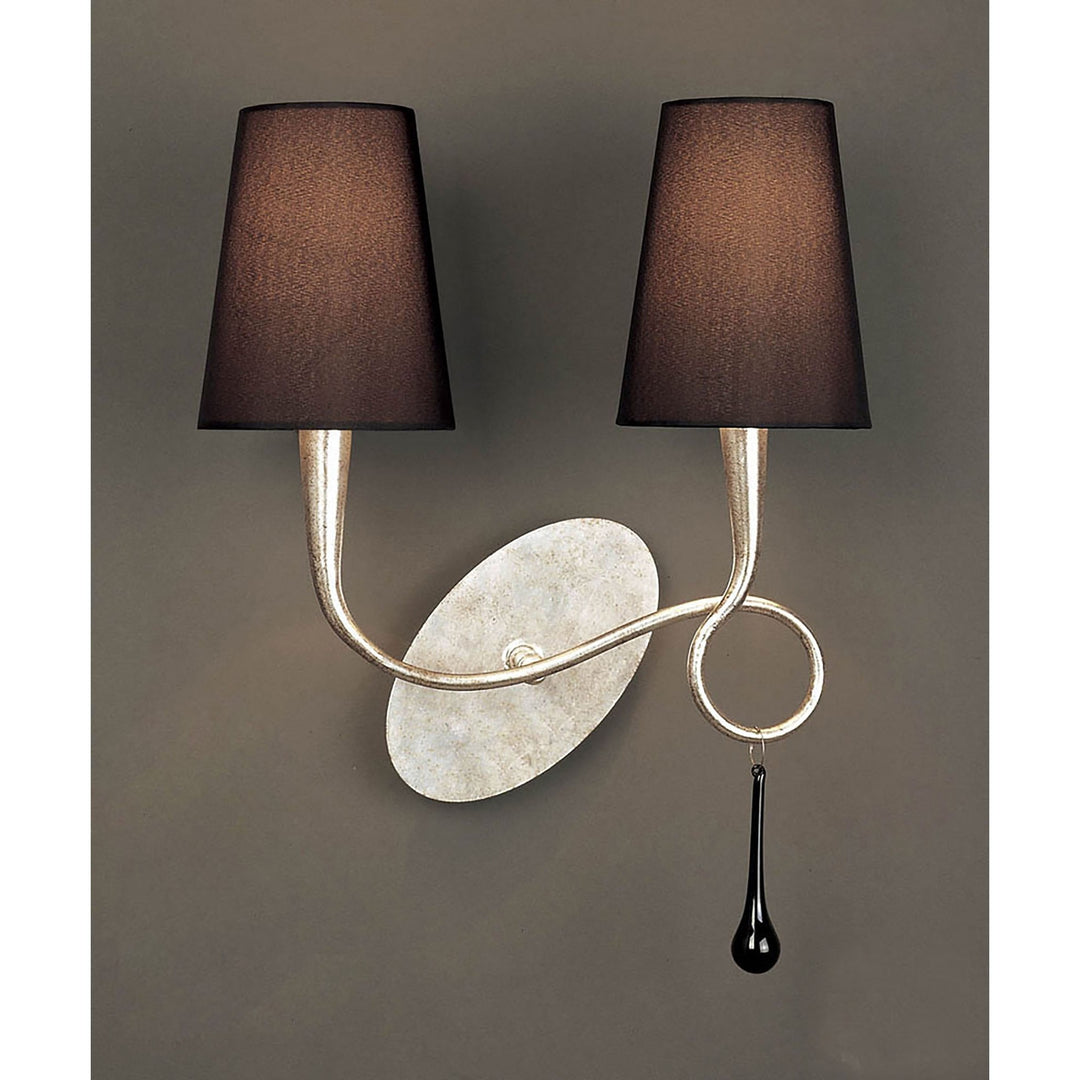 Mantra M0537 Paola Wall Lamp 2 Light E14 Silver Painted Black Shades & Black Glass Droplets