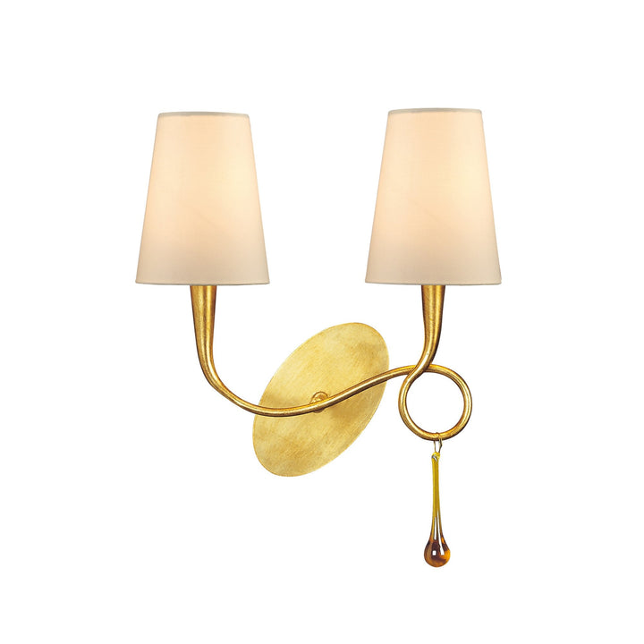 Mantra M0547 Paola Wall Lamp 2 Light E14 Gold Painted Cream Shades & Amber Glass Droplets