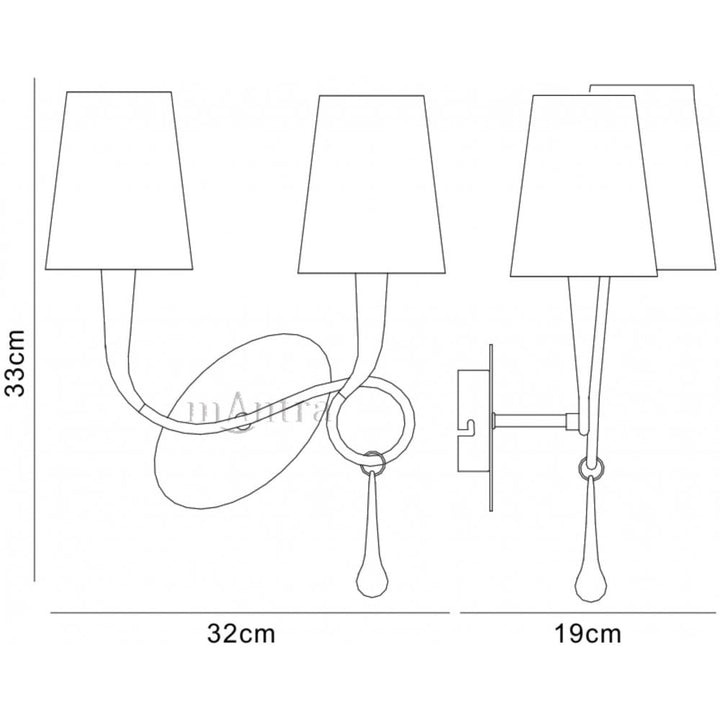 Mantra M0547 Paola Wall Lamp 2 Light E14 Gold Painted Cream Shades & Amber Glass Droplets