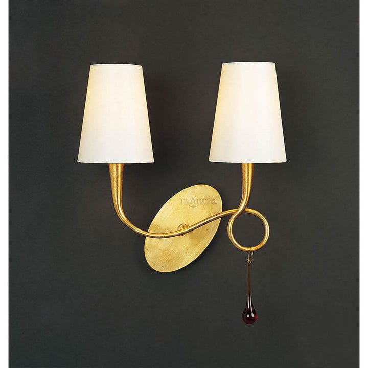 Mantra M0547 Paola Wall Lamp 2 Light E14 Gold Painted Cream Shades & Amber Glass Droplets