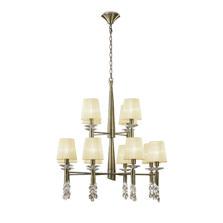 Mantra M3870 Tiffany Pendant 2 Tier 12+12 Light Antique Brass Cream Shades & Clear Crystal