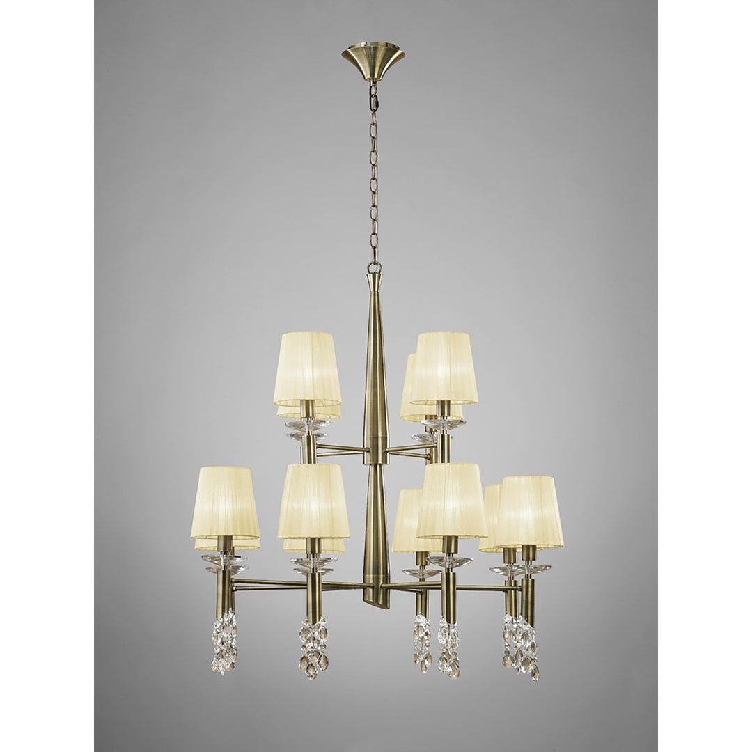 Mantra M3870 Tiffany Pendant 2 Tier 12+12 Light Antique Brass Cream Shades & Clear Crystal