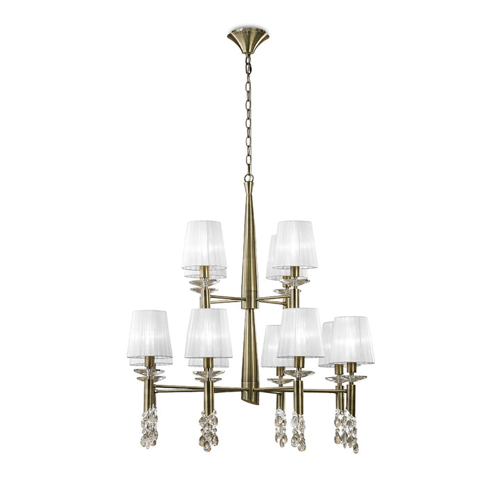 Mantra M3870 Tiffany Pendant 2 Tier 12+12 Light Antique Brass White Shades & Clear Crystal