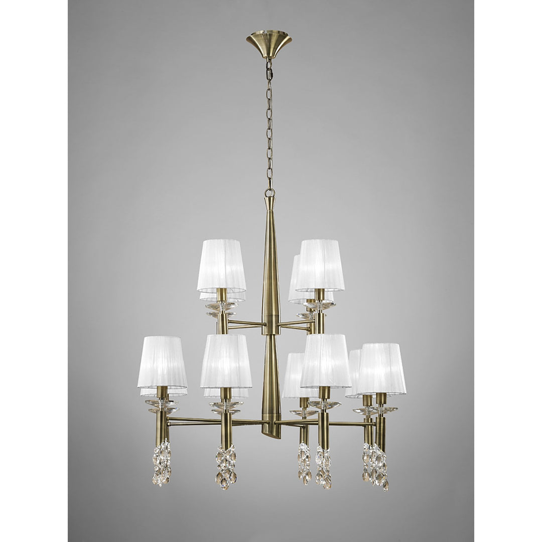 Mantra M3870 Tiffany Pendant 2 Tier 12+12 Light Antique Brass White Shades & Clear Crystal