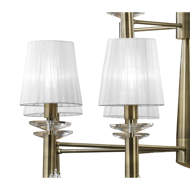 Mantra M3870 Tiffany Pendant 2 Tier 12+12 Light Antique Brass White Shades & Clear Crystal