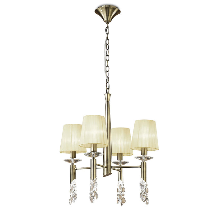 Mantra M3872 Tiffany Pendant 4+4 Light Antique Brass Cream Shades & Clear Crystal