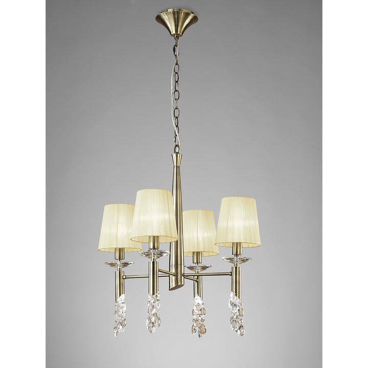 Mantra M3872 Tiffany Pendant 4+4 Light Antique Brass Cream Shades & Clear Crystal