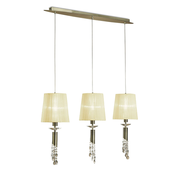 Mantra M3875 Tiffany Pendant 3+3 Light Line Antique Brass Cream Shades & Clear Crystal