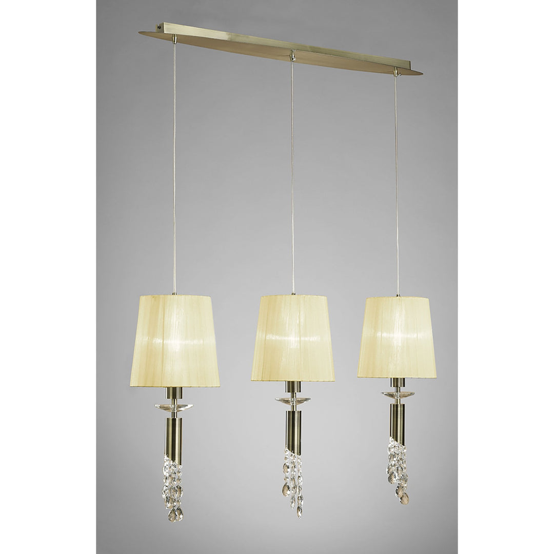 Mantra M3875 Tiffany Pendant 3+3 Light Line Antique Brass Cream Shades & Clear Crystal