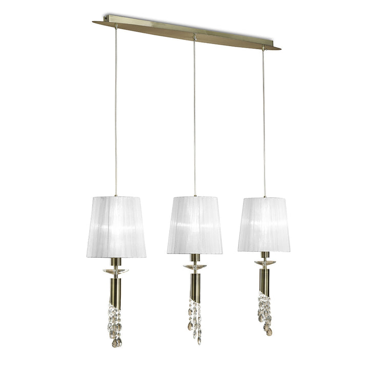 Mantra M3875 Tiffany Pendant 3+3 Light Line Antique Brass White Shades & Clear Crystal