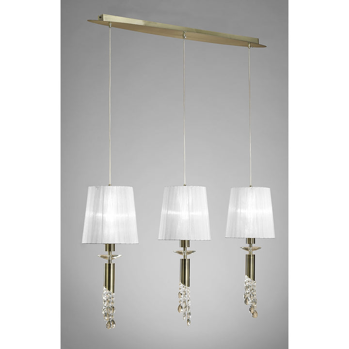 Mantra M3875 Tiffany Pendant 3+3 Light Line Antique Brass White Shades & Clear Crystal