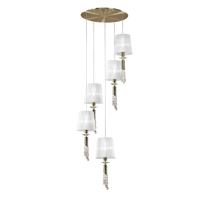 Mantra M3877 Tiffany Pendant 5+5 Light Spiral Antique Brass White Shades & Clear Crystal