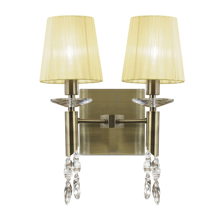 Mantra M3883S Tiffany Wall Lamp Switched 2+2 Light Antique Brass Cream Shades & Clear Crystal