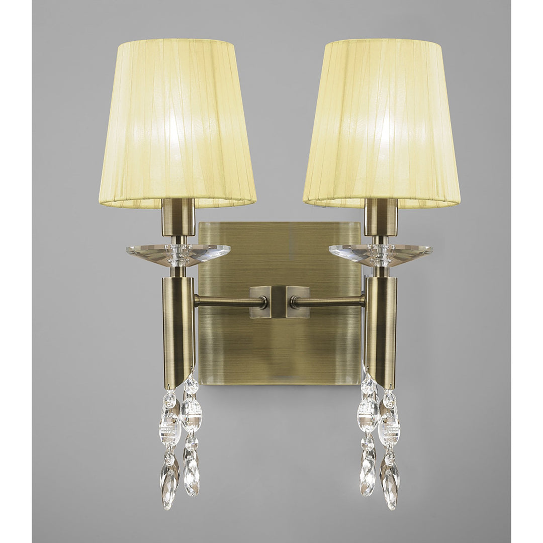 Mantra M3883S Tiffany Wall Lamp Switched 2+2 Light Antique Brass Cream Shades & Clear Crystal