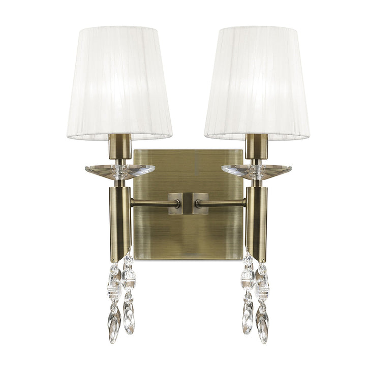 Mantra M3883S Tiffany Wall Lamp Switched 2+2 Light Antique Brass White Shades & Clear Crystal