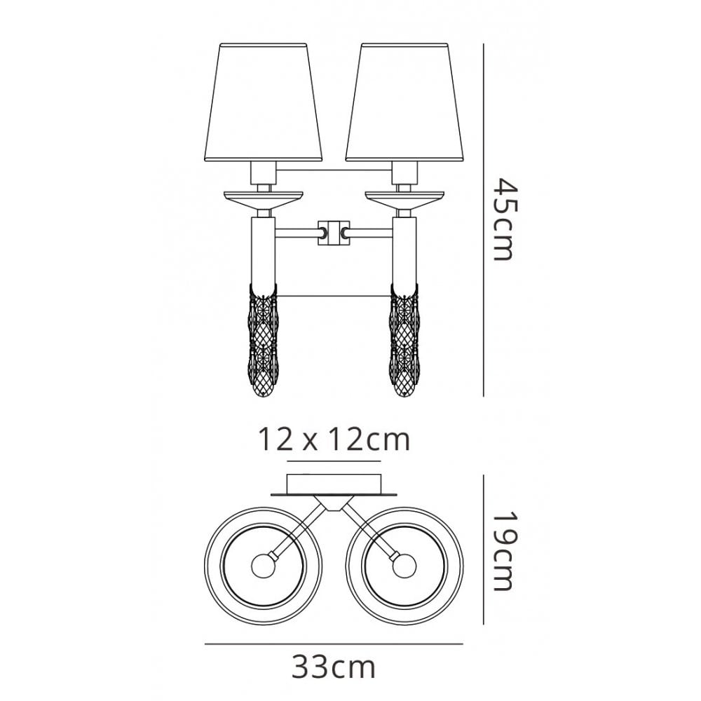 Mantra M3883S Tiffany Wall Lamp Switched 2+2 Light Antique Brass White Shades & Clear Crystal