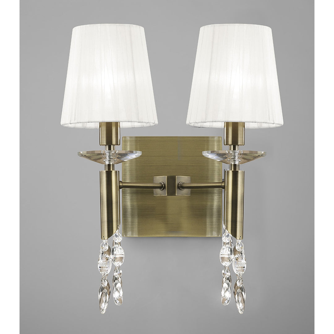 Mantra M3883S Tiffany Wall Lamp Switched 2+2 Light Antique Brass White Shades & Clear Crystal