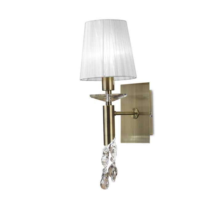 Mantra M3884S Tiffany Wall Lamp Switched 1+1 Light Antique Brass White Shade & Clear Crystal