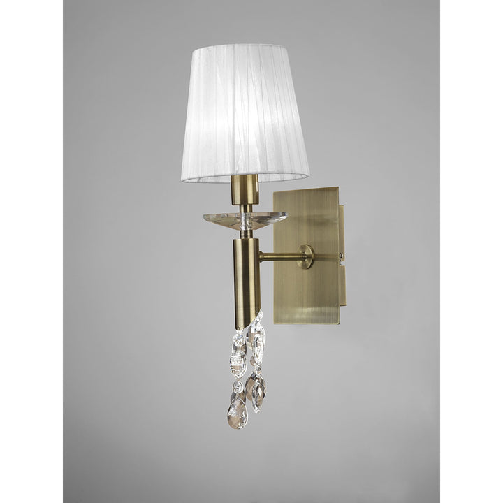 Mantra M3884S Tiffany Wall Lamp Switched 1+1 Light Antique Brass White Shade & Clear Crystal