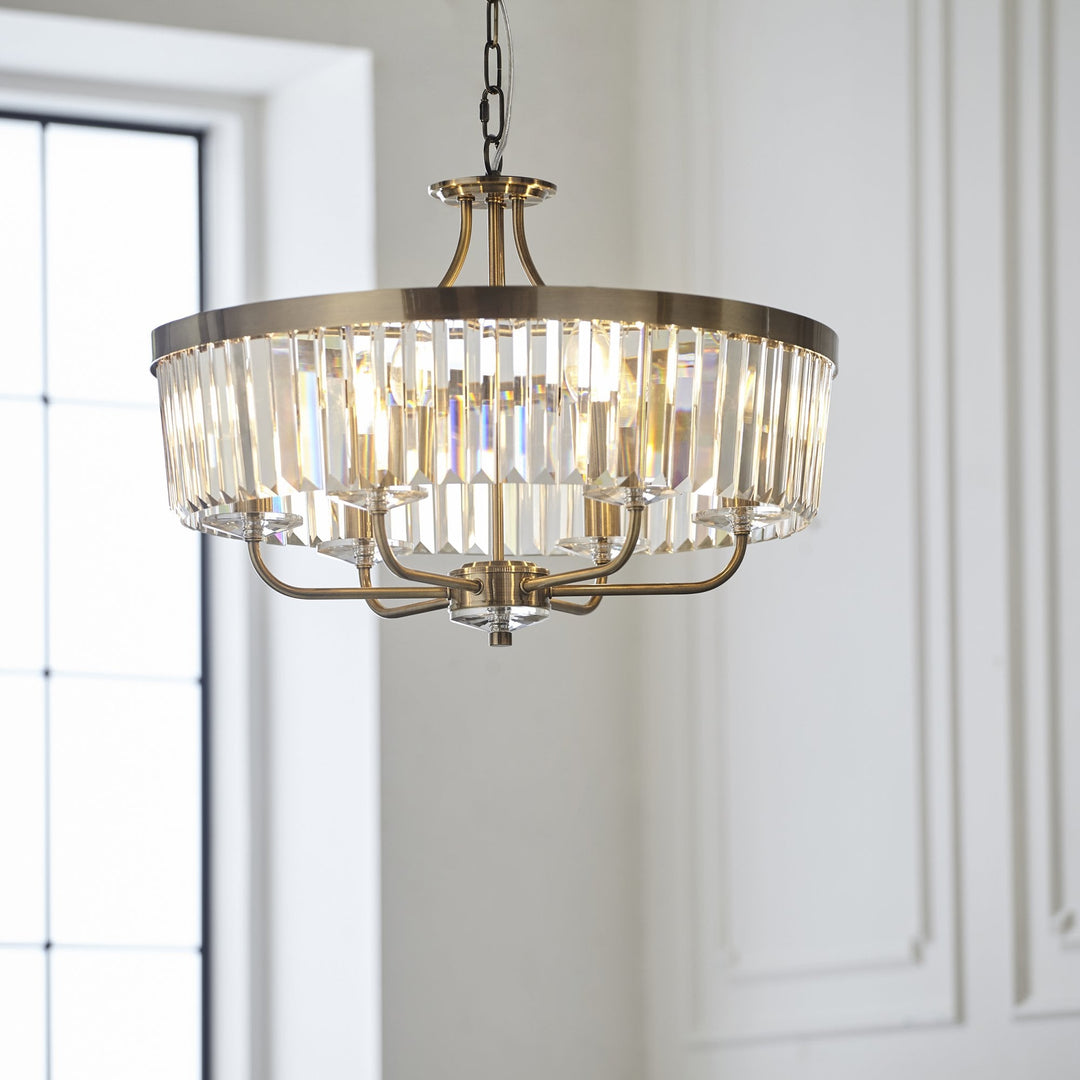 Nelson Lighting NL142505 Pendant 6 Light Antique Brass Plate And Clear Cut Glass