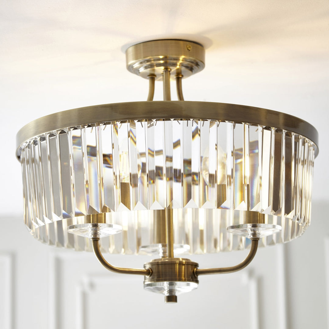 Nelson Lighting NL142506 Semi Flush Ceiling 3 Light Antique Brass Plate And Clear Cut Glass