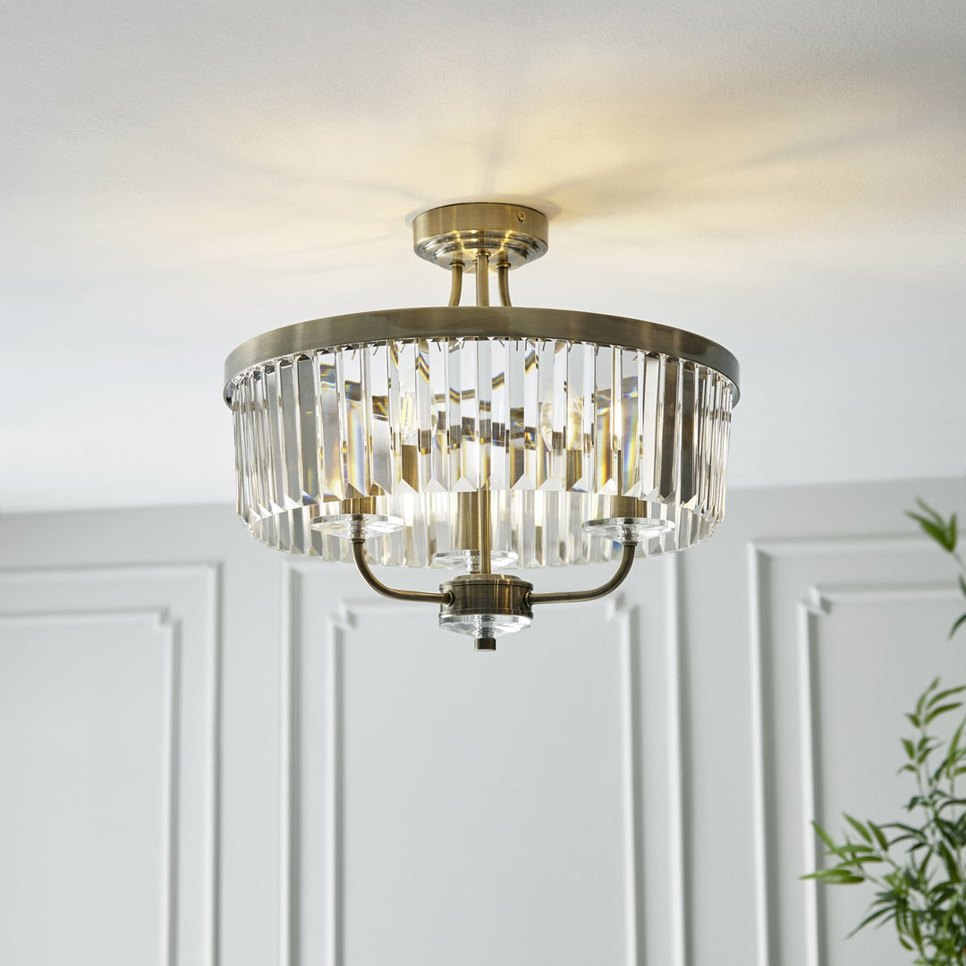 Nelson Lighting NL142506 Semi Flush Ceiling 3 Light Antique Brass Plate And Clear Cut Glass