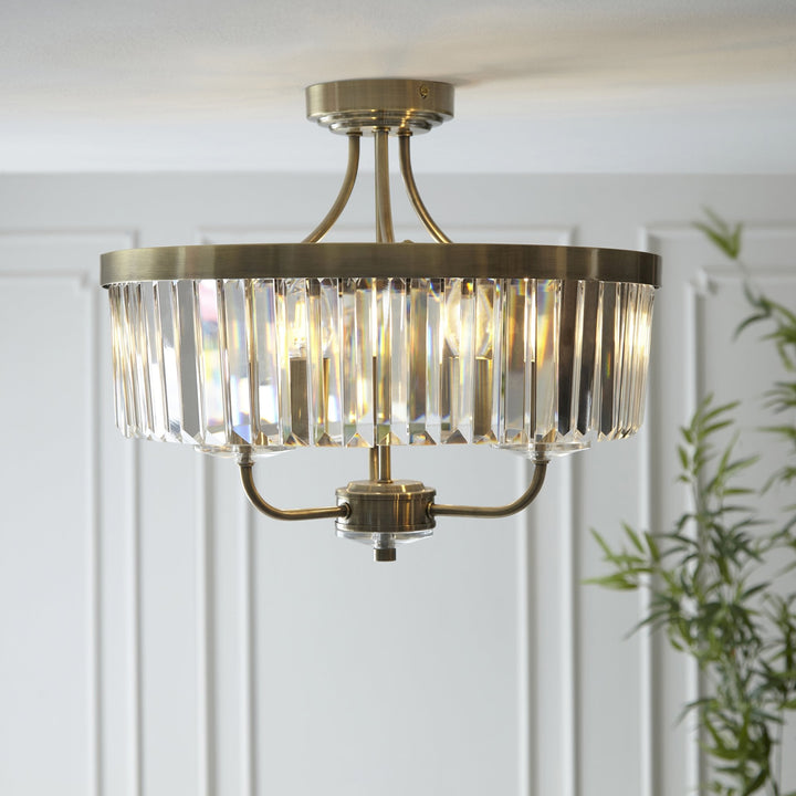 Nelson Lighting NL142506 Semi Flush Ceiling 3 Light Antique Brass Plate And Clear Cut Glass