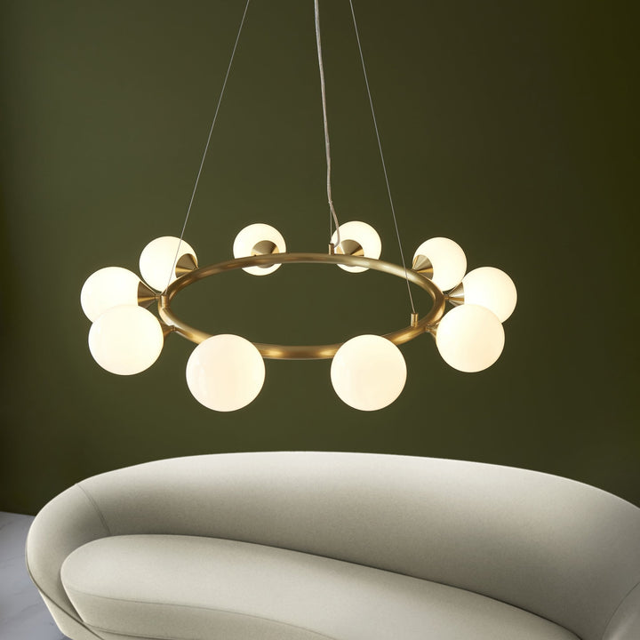 Nelson Lighting NL146008 Pendant 10 Light Satin Brass Plate And Gloss White Glass