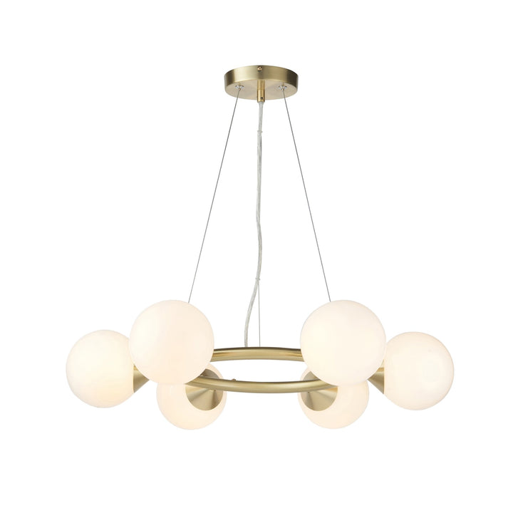 Nelson Lighting NL146390 Pendant 6 Light Satin Brass Plate And Gloss White Glass