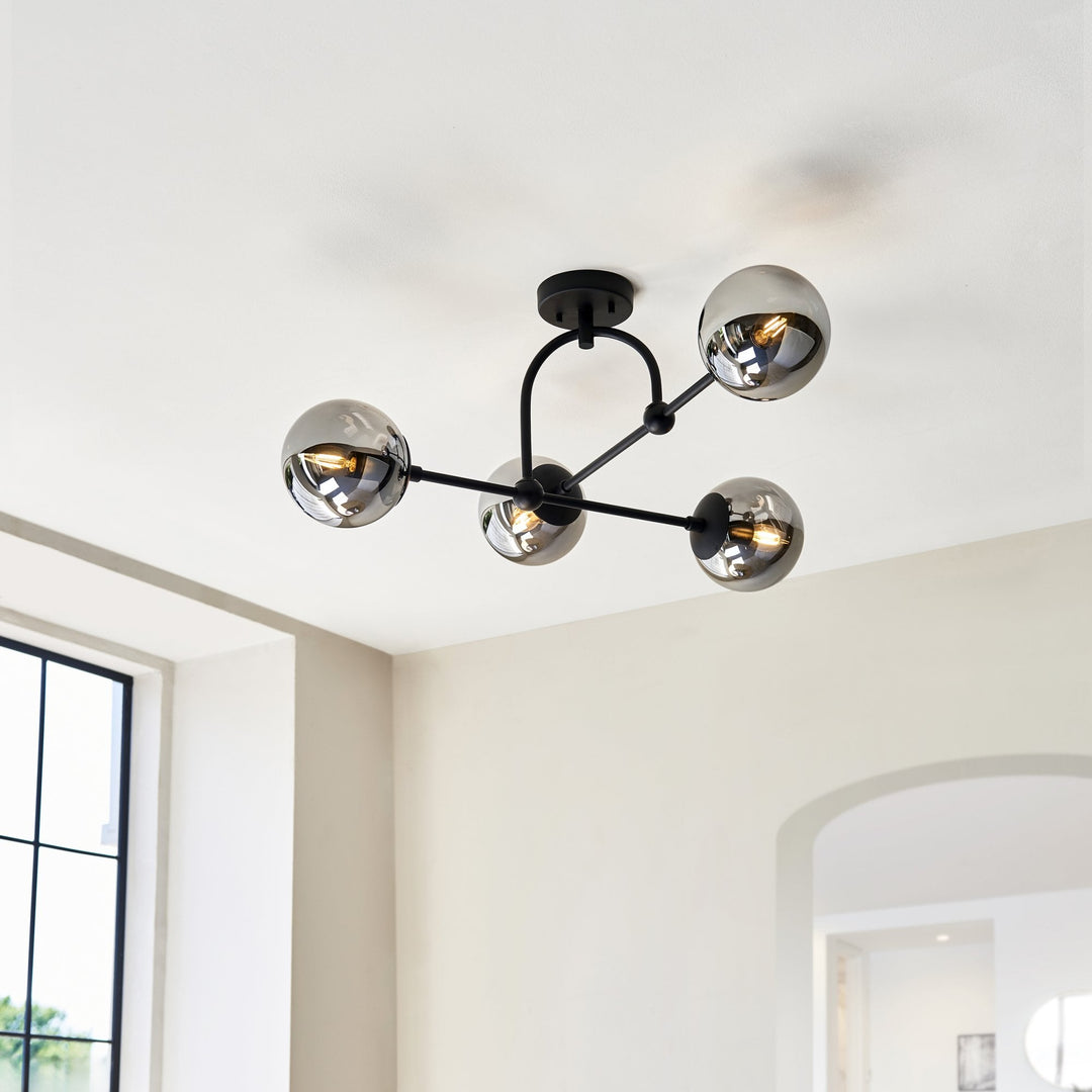 Nelson Lighting NL146662 Semi Flush Ceiling 4 Light Matt Black And Smoked Mirror Glass